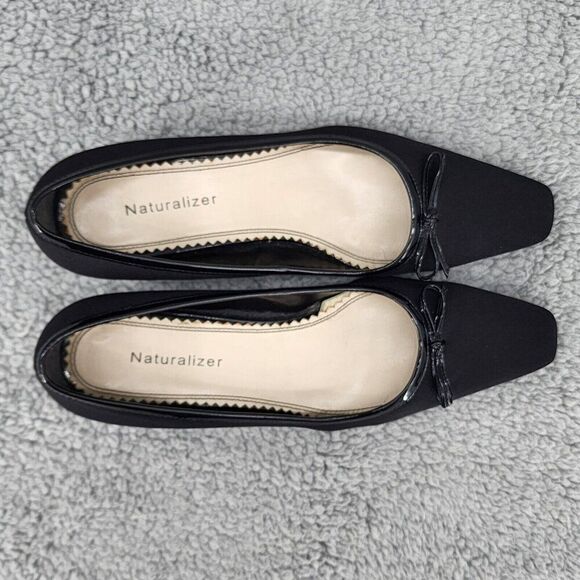 Naturalizer Womens Pumps Sz 6 M Black Fabric Square Toe Bow Retro Vintage Heels - Picture 3 of 9
